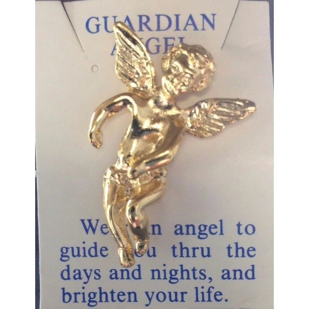 Guardian Angel Tie Tack Cherub Vintage Lapel Pin Religious Gold tone Made in USA